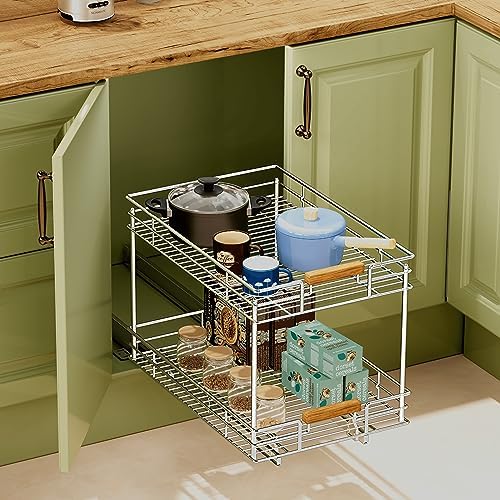 Mount Walker Pull Out Cabinet Organizer(14" W x 21" D), 2 Tier Slide Out Shelves with Wood Handle, Sliding Drawer Pull Storage Shelf for 15-1/4” Cabinet Opening, Chrome - Image 6