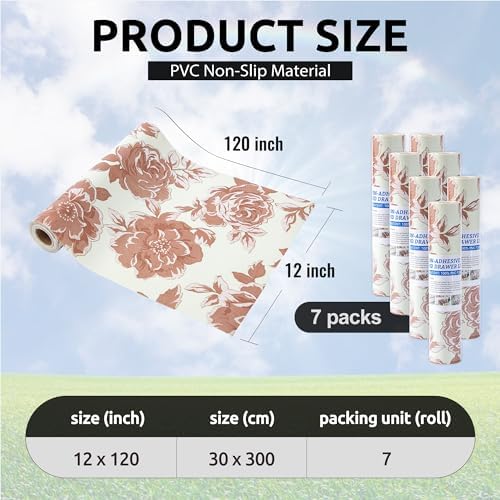 FIFTY FEET 12X120 Inch Shelf Liner for Kitchen Cabinets, PVC Drawer Liner for Dresser Non-Slip Bathroom, Non-Adhesive Cabinet Liner Washable (Red Flower)(7 Roll) - Image 3