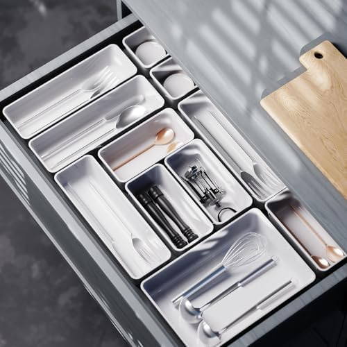 Cetomo 14 Pcs Drawer Organiser Set, Plastic Storage Drawer Organizer, Drawer Dividers, Adjustable and Expandable, Container Tray for Kitchen Utensils, Cosmetic, Makeup, Gadgets, White, 4 Size-14 Pack - Image 7