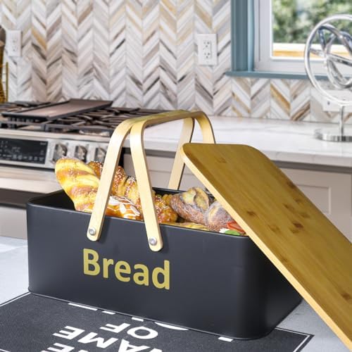 SOTECH Large Bread Box Metal Bread Bin with Bamboo Lid and Handle Portable Outdoor Bread Food Storage Container Modern Bread Box for kitchen Counter Organizer Kitchen Decor (black) - Image 5