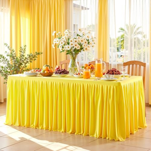 Wish Care Yellow Table Clothes for Rectangle Tables 6ft, Wrinkle Resistant Fitted Table Cloth with Pleated Ruffle Skirts for Banquet Wedding Baby Shower Folding Tables - Image 4