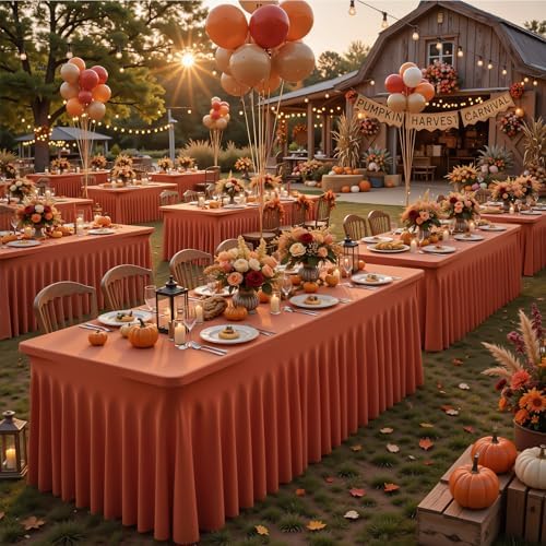 Wish Care 6 Pack Rust Spandex Table Clothes for 6 Foot Rectangle Tables, 6FT Wrinkle Free Fitted Tablecloths Ruffles Design Table Cloth for Party, Banquet, Wedding and Events - Image 2