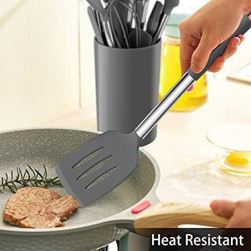 LIANYU 15-Piece Cooking Kitchen Utensils Set with Holder | Silicone Kitchen Tools Stainless Steel Handle, Slotted Spatula Spoon Turner Tong Whisk Brush for Cooking, Gray - Image 5