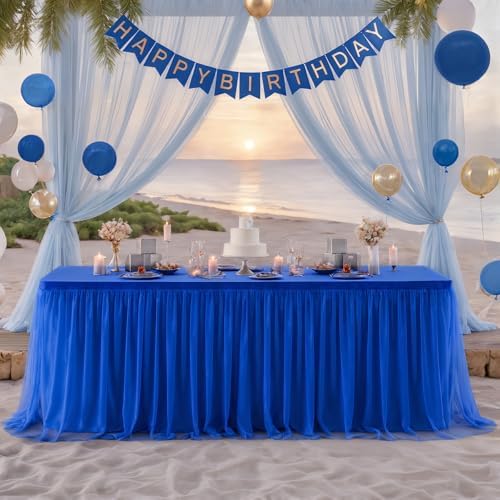 Royal Blue Tulle Tablecloth for 8 Foot Rectangular Tables 8ft Royal Blue Table Cloths Rectangle Wrinkle Free Table Cover with Skirt for Wedding Birthday Party Baby Shower Banquet Buffet Cake Cocktail - Image 2