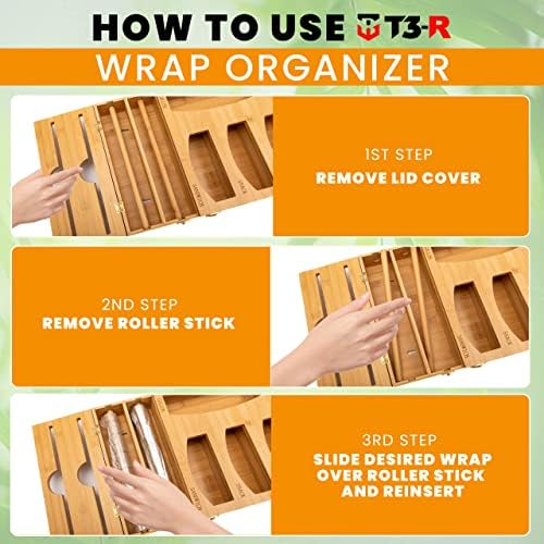T3-R Bamboo Wrap Organizer - 6-in-1 Dispenser with Cutter for Sandwich Bags, Aluminum Foil, Wax Paper and Plastic Wrap - Image 5