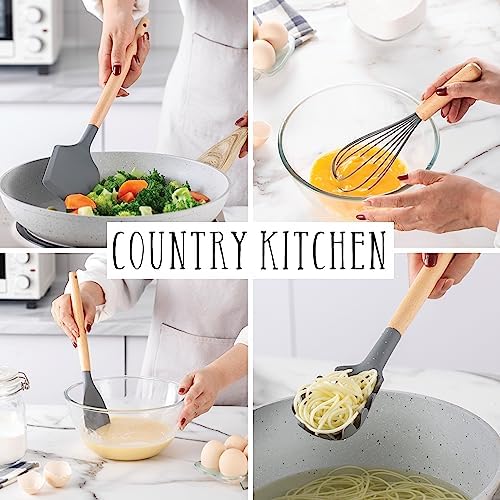 Country Kitchen Non Stick Silicone Utensil Set with Rounded Wood Handles for Cooking and Baking, 14 Piece Set, Gray - Image 3