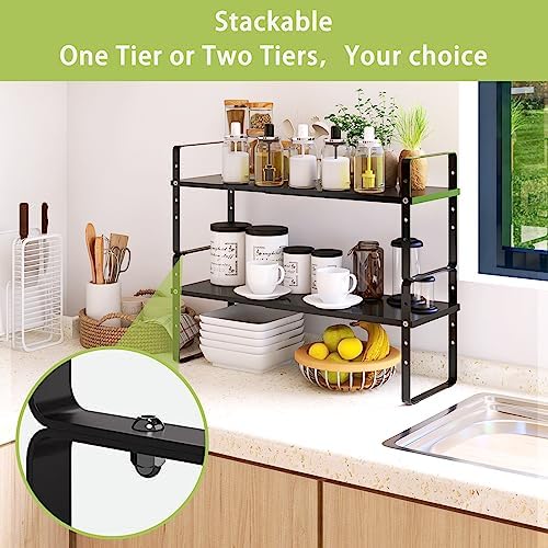 Across-Star Expandable Cabinet Shelf Organizer Rack, Stackable Kitchen Counter Storage Shelves Stand, Adjustable Height Pantry Shelf Spice Rack (Black, 2 Pack) - Image 6