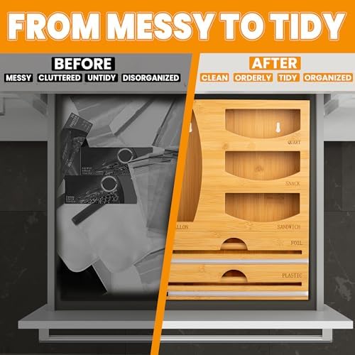 T3-R Bamboo Wrap Organizer - 6-in-1 Dispenser with Cutter for Sandwich Bags, Aluminum Foil, Wax Paper and Plastic Wrap - Image 4