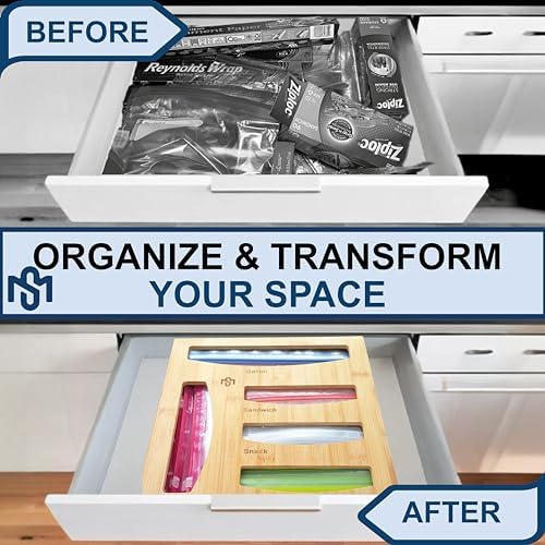 Storage Bag Holder, Baggie Organizer for Drawer or Wall Mount, Compatible with Gallon, Quart, Sandwich, Snack Size Bags, 1 Box 5 Slots, Bamboo Drawer Organizer, Baggie Holder - Image 4