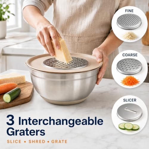 7QT 30PCS Mixing Bowls with Lids Set, 7QT to 1QT Stainless Steel Nesting Bowls with Graters, Non-Slip Silicone Bottom, Large Khaki Bowls & 21 Measuring Cups and Spoons Set Kitchen Appliances - Image 5
