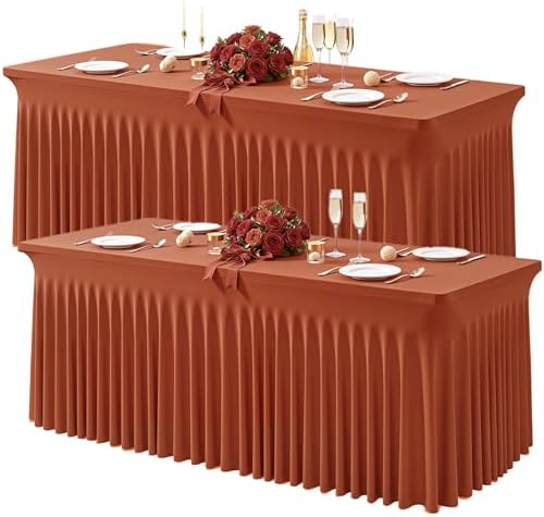 Wish Care 2 Pack Rust Spandex Table Clothes for 4 Foot Rectangle Tables, 4FT Wrinkle Free Fitted Tablecloths Ruffles Design Table Cloth for Party, Banquet, Wedding and Events by WishCare