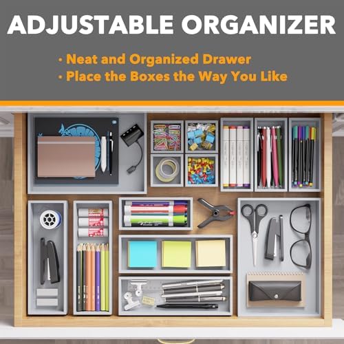 SpaceAid 14-Piece Bamboo Drawer Organizer Storage Boxes Set, Wood Tray Junk Drawer Organizers Multi-Use Divider Bins for Kitchen, Bathroom, Office Desk and Makeup Organization (14 Pack, Gray) - Image 5