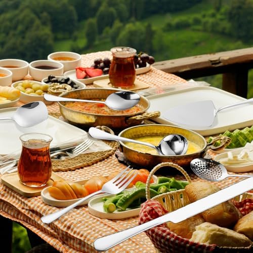Serving Utensil Set 11-Piece Stainless Steel Modern Flatware Server All Metal Kitchen Cooking Tools Solid Spoon Slotted Ladle Skimmer Pasta Server Cake Knife Cutter Spatula Turner - Image 4