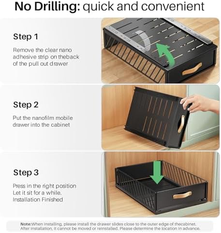 Pull out Cabinet Organizer,Heavy Duty Slide out Pantry Shelves Drawer Storage with Adhesive Nano Film,Sliding Mesh Cabinet Basket with Handle for Kitchen, Bathroom, Home, 13.8"W X 21"D X6.2"H,Black - Image 7
