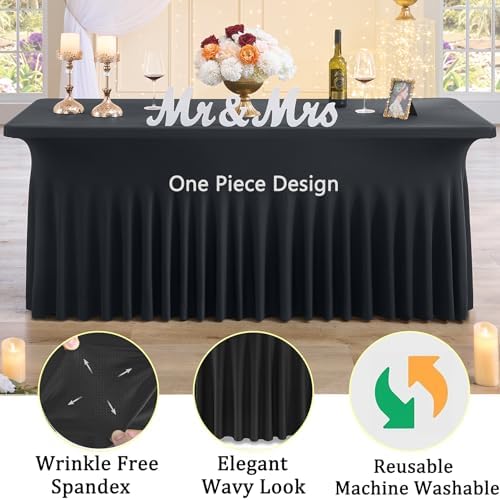 CO-AVE 4pack Black Spandex Table Skirt for 6 Foot Rectangle Tables, Wrinkle Free Stretchy 6FT Fitted Table Covers Cloths for Weddings Birthday Party Graduation Events Banquette - Image 2
