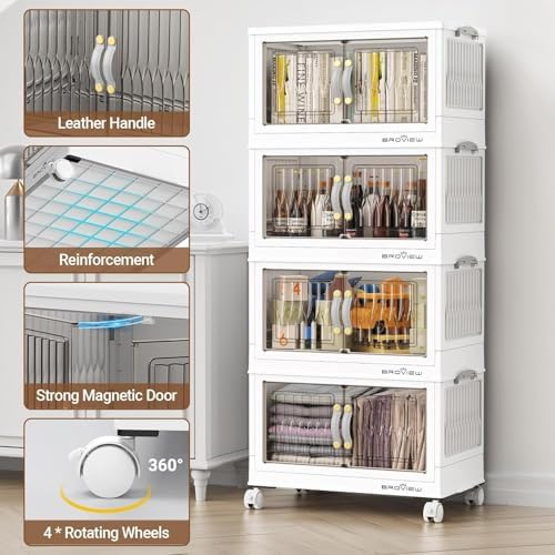BROVIEW 180Qt Stackable Storage Bins with Lid, Extra Large Closet Organizer Collapsible Drawer Boxes with Wheels, Folding Plastic Cabinet Containers for Home Kitchen Room Organization, 4Pack White - Image 3