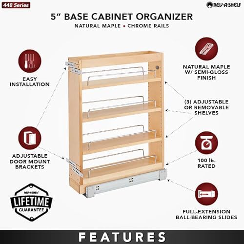 Rev-A-Shelf Maple Pullout Organizer for Full Height Base Vanity Cabinets, Full Extension Slides & Adjustable Shelves, Min Opening Width of 5.5",448-BC19-5C - Image 4