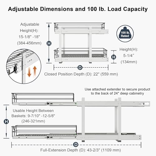 2 Tier Pull Out Cabinet Organizer - 8" W x 22" D Soft Close Slide Out Shelves with Shelf Liners - Pullout Drawers for Kitchen Cabinets, Pantry, Bathroom, Heavy Duty Steel Wire Baskets - Image 3