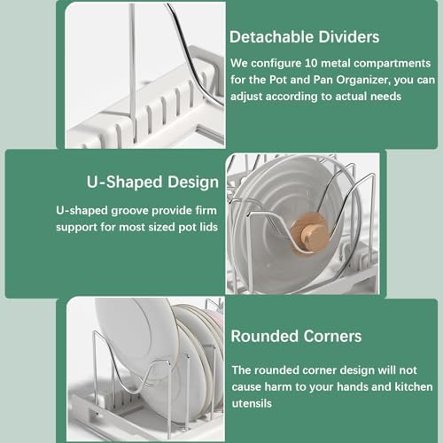 KXSGKRR 2 Pcs Pot and Pan Organizer, Expandable Pots and Pans Organizer Under Cabinet, Pot Lid Holder with 10 Adjustable Compartment for Bakeware, Cutting Boards, Lid, Dishes, Cookware (2 Pcs) - Image 4