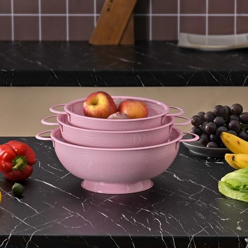 Stainless Steel Colander 3 Piece,Metal Strainer Basket with Solid Base and Handles for Kitchen Food,Pasta, Noodles, Vegetables and Fruits,Powder Coated,BPA Free,Dishwasher Safe,2 & 3 & 4.5 Qt (Pink) - Image 7