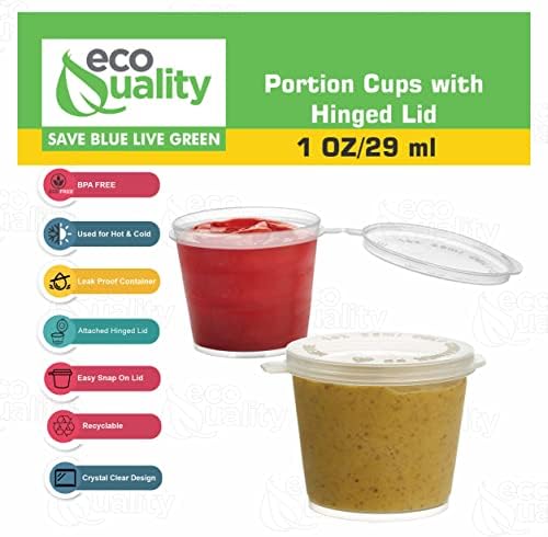 EcoQuality [900 Pack] 1 Oz Leak Proof Plastic Condiment Souffle Containers with Attached Lids - Portion Cup with Hinged Lid Perfect for Sauces, Samples, Slime, Jello Shot, Food Storage & More! - Image 2