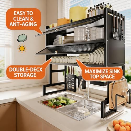 KeepKitchen Sink Shlef Organized Space-Saving,rack dishwashing sink countertop dustproof cupboard storage multifunctional tableware storage drain rack double layer(White single layer,65cm/25.6in) - Image 3