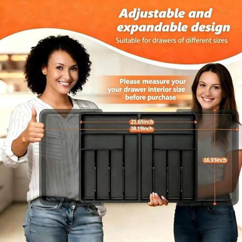 Utensil Organizer for Kitchen Drawer, Expandable Cooking Silverware Tray,Large Silverware Drawer Organizer，Plastic Spatula Tools Storage Divider, 21.6-38", Black - Image 3