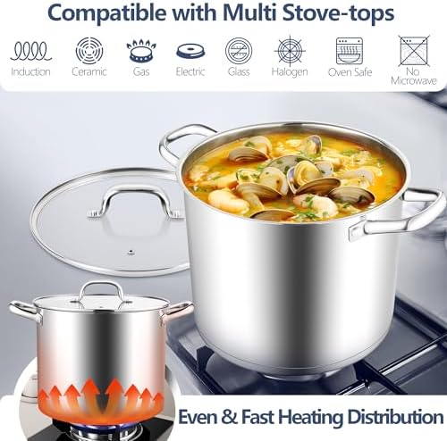 E-far 12 Quart Cooking Stock Pot, Large Stainless Steel Pot for Canning Simmering Stewing, Heavy Duty Cookware with Tri-ply Base for Induction Gas Stoves, Soup Pots with Glass Lid, Dishwasher Safe - Image 3