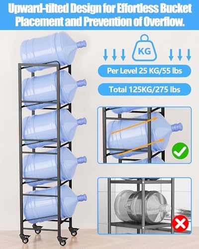 5 Gallon Water Jug Holder, Movable 5 Tier Heavy Duty Water Rack with 4 Wheels, Rack for Water Jug Storage, Space Saving Water Stand for Five 5 Gallon Water Jugs, Black - Image 5