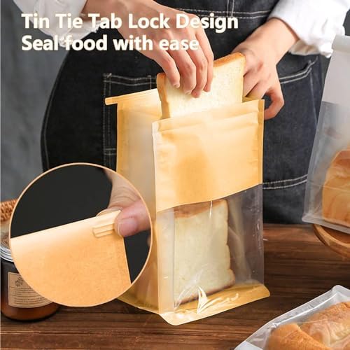 100PCS Bread Bags for Homemade Breads, 11x5.1x3.9 Inch Resealable Cookie Bags with Tin Tie Tab Lock, Paper Bakery Bag with Window for Packaging Bagels, Muffin, Scone, Brownie, Baked Goods Storage - Image 6