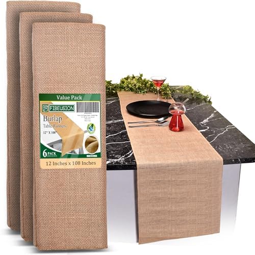 Burlap Table Runners (Pack of 6) – 12”x 108” - No-Fray Finished Edge Premium Quality Natural Table Runner – No Odor, Eco-Friendly Burlap Runner, Perfect for Rustic Table Decor and Other DIY Crafts by Fibeusion
