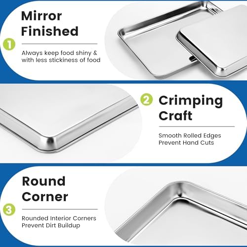 BIEAMA 6 Pack Stainless Steel Toaster Oven Baking Sheets, 10.5 x 8 in | Stainless steel pans with no chemical coating, mirror-polished finish and rolled edges; dishwasher safe, oven safe to 500°F. - Image 3