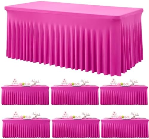 6 Pack Hot Pink Spandex Tablecloth for 6 Foot Rectangle Tables, Wrinkle Free Fitted Table Cloth Cover 6ft Fuchsia Stretchy Tablecloths with Skirt for Parties Weddings Birthday Banquet Baby Shower by Htper