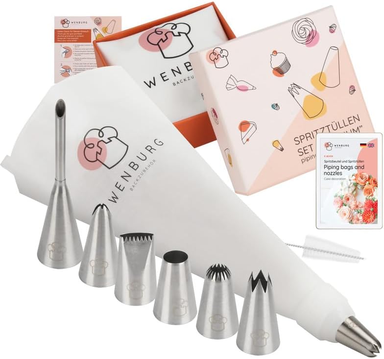 Wenburg Versatile & Easy-to-Clean Large Icing Piping Bags and Tips Set - Reusable 7 Large Icing Tip for Cake Decorating - Cotton Icing Bag - Coupler I Professional Cupcake Kit, Premium Baking Supplies by Wenburg
