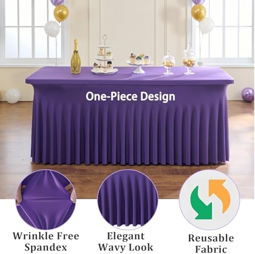 6 Pack Purple Spandex Table Clothes for 8 Foot Rectangle Tables, Wrinkle Free Fitted Table Cover 8ft Stretch Tablecloths Desk Skirt for Parties Weddings Birthday Banquet Baby Shower - Image 2