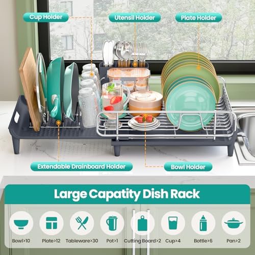 TOOLF Expandable Dish Drying Rack for Kitchen Counter, 16.7"-26.8", Gray - Image 5