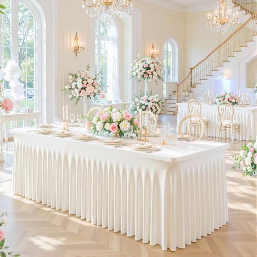 6 Pack Ivory Table Cloth for 8 Foot Rectangle Tables Spandex Fitted Tablecloth 8ft Stretch Table Covers Skirt Ivory Banquet Tablecloths Wrinkle Free Tablecloth for Party Wedding Birthday Event - Image 3