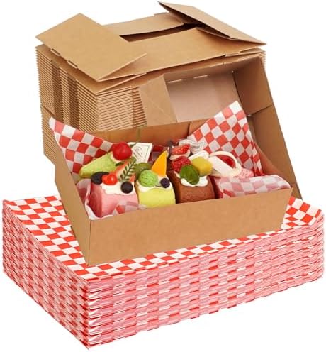 220 Pcs Paper Food Tray with Checkered Wrapping Paper Brown Greaseproof 4 Corner Pop up Paperboard Food Box Disposable Foldable Cardboard Trays for Theater Stadium by UCEHIPAW