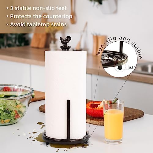 Cast Iron Rooster Paper Towel Holder for Kitchen Countertop - Vintage Coffee Gold Farmhouse Decor, Heavy Weighted Base Standing Dispenser for Easy One-Handed Tear, Fits Jumbo Rolls - Image 3