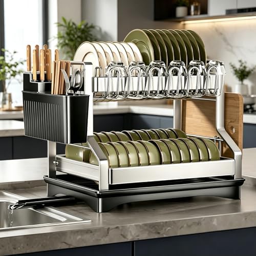 2 Tier Dish Drying Rack Stainless Steel Dish Rack Kitchen Counter - Image 3