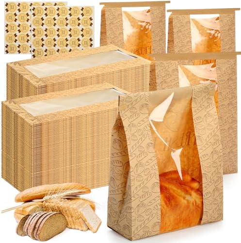 Feifeiya 150 Set Bread Paper Bags for Homemade Sourdough Kraft Bread Bags with Clear Window Seal Stickers 14'' x 8.3'' x 3.5'' Large Bakery Packaging for Storage Baked Goods Cookies by Feifeiya