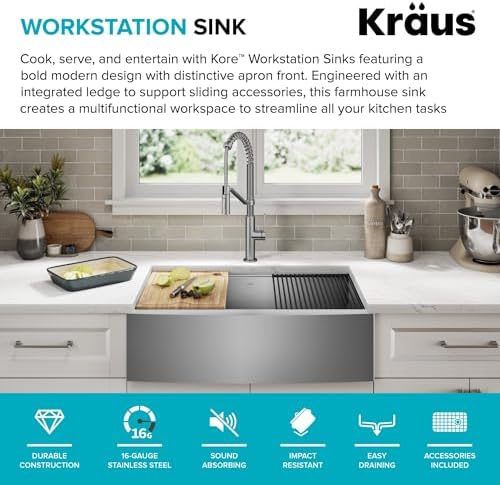 KRAUS Kore 33-Inch Farmhouse Workstation 16 Gauge Single Bowl Stainless Steel Kitchen Sink with Accessories, KWF210-33 - Image 3