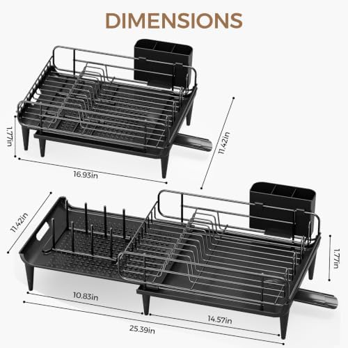 Extendable Dish Rack, Dish Drying Rack for Kitchen Counter, Foldable Dish Dryer Rack, Stainless Steel Dish Drainer Racks with Utensil Holder, Collapsible Dish Drying Racks Large Size,Black - Image 2