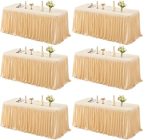 6 Pack Dark Champagne Tablecloths for Rectangle Tables 8ft, Wrinkle Resistant Champagne Table Cover Fitted Stretch Table Cloth with Pleated Ruffle Skirts for Party Banquet Dining Birthday Wedding by Partisky