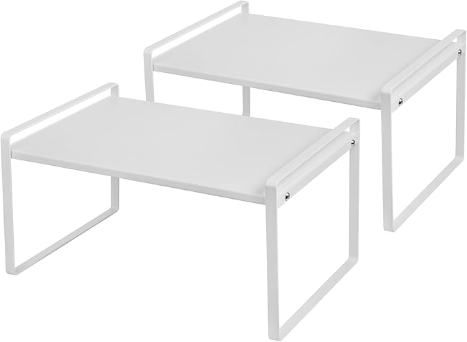 Nxconsu Stackable Cabinet Shelf Organizer 2 Pack, Wide Tall White | Heavy-Duty 3mm Steel Stackable 2-Tier Shelf, Holds 50 lb, for Kitchen Cabinet Pantry Cupboard Counter Bathroom Under Sink by Nxconsu
