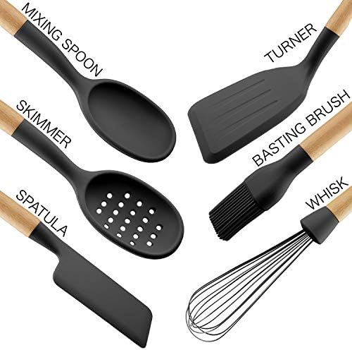 Country Kitchen Non Stick Silicone Utensil Set with Rounded Wood Handles for Cooking and Baking, 6 Piece Set, Black | Rounded Wood Handles, For Cooking and Baking - Image 2