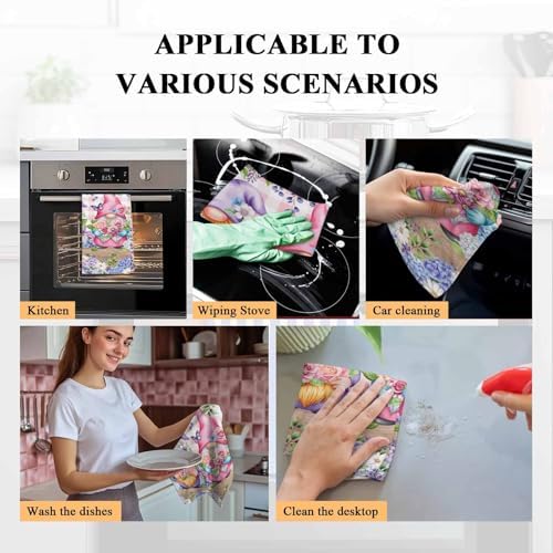 Spring Gnomes Kitchen Towels Set of 4 Watercolor Purple Blue White Floral Leaf Pink Plaid Wood Grain Decorative Dish Towels Ultra Soft Microfiber Absorbent Dishcloths for Kitchen Drying,18x28 In - Image 5