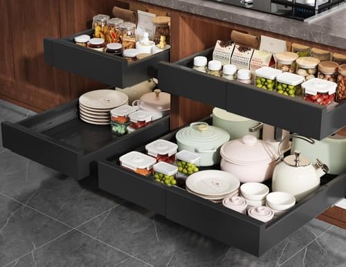 Seinloes Pull Out Cabinet Organizer,4-Side Expandable to Maximize Cabinet Space,Slide Out Drawers with 3 Rail Design,Roll Out Shelf with Raising Pad for Framed Cabinet,13"-21"W x 17"-24"D,Black,4 Pack by Seinloes