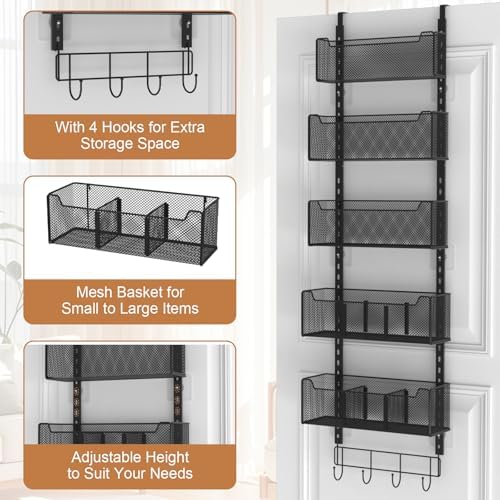 VyGrow Over The Door Organizer, Metal Door Organizer Hanging with 5 Adjustable Baskets and Coat Hook, Behind The Door Storage for Bedroom Closet Bathroom Pantry Cabinet Kitchen, Black - Image 5