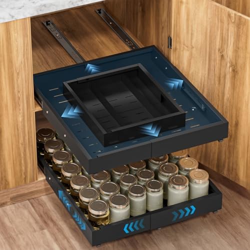 Pull Out Cabinet Organizer Expandable (12.4"-20.08")W & (16.26"-22.44")D, Insputer No Drill Slide Out Drawers with 3 Slide Rail, 2Pcs Magnetic Panel, Adhesive Roll Out Shelf for Kitchen, Pantry Black by Insputer